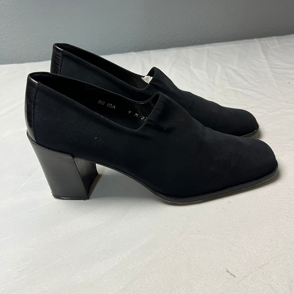 Donald J Pliner Leather Size 9M Heels Black Square Toe Career Vtg 90s Y2k 2000s‎